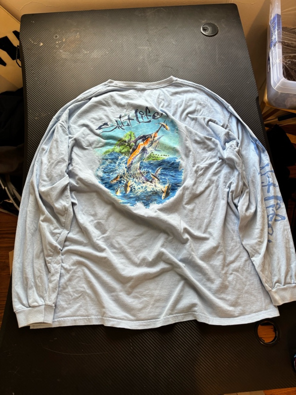 Salt Life Light Blue Long Sleeve Tee with Ocean Fish Graphic MEASUREMENTS SHOWN